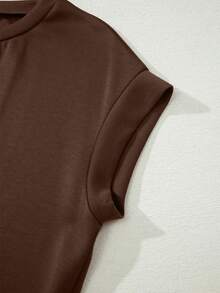 Acelitt Brown Casual Straight Mid-Length Dress, Women's Round Neck Short Sleeve Side Slit T-Shirt Dress, Suitable For Daily Wear Elegant Summer - Brown - View 6
