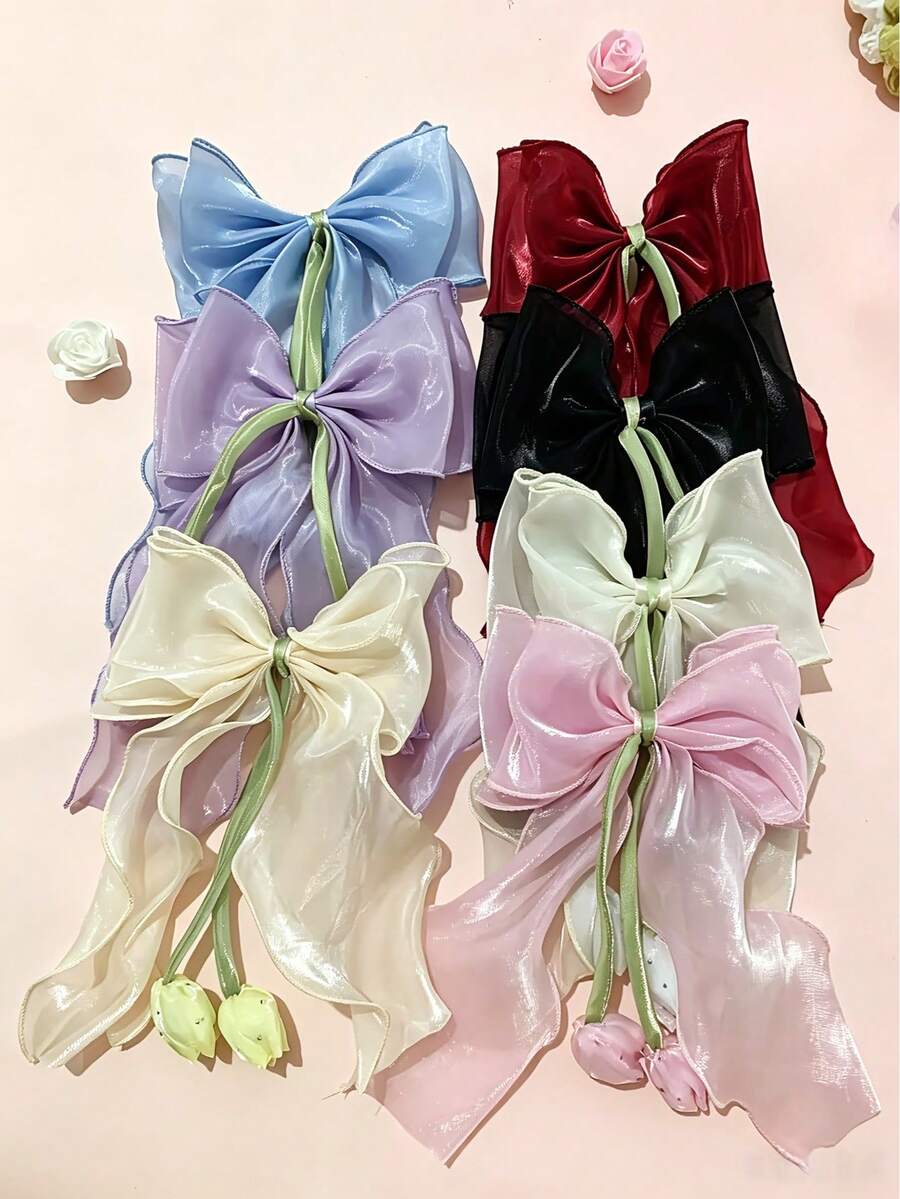 1pc Girl Tulip Fairy Bow Hair Clip Head Accessory, Fresh Floral Sweet Hair Ornament, Suitable For Daily Casual Wear - Multicolor - View 1