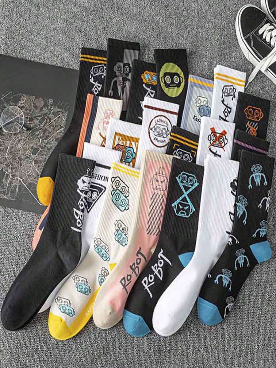 1/5 Pairs Men Robot Cartoon Print Crew Socks, Multi Color Novelty Graphic Casual Streetwear Socks - Multicolor - View 1