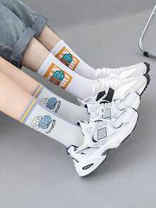 1/5 Pairs Men Robot Cartoon Print Crew Socks, Multi Color Novelty Graphic Casual Streetwear Socks - Multicolor - View 4