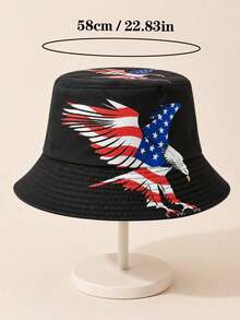 1 buah Topi Bucket Pria Bolak-balik Motif Elang & Bendera Amerika, Cocok untuk Aktivitas Sehari-hari dan Berbagai Gaya Busana - Hitam - View 2