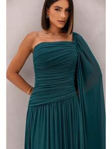 Long, One-Shoulder Party Dress In Dark Nude, Flowing Style, For Bridesmaids/Dates/Graduations/Guests. - Dark Green - View 4