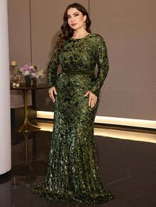 XUIBOL Plus-Size Sequined Long-Sleeved Round Neck Mermaid Gown, Elegant And Luxurious Evening Dress, Suitable For Formal Parties, Cocktail Parties - Olive Green - View 4