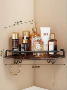1pc No-Drill Bathroom Shelf, Wall-Mounted Wood Grain Bathroom Storage Rack With Hooks And Towel Bar, Toiletry Organizer - Multicolor - View 17