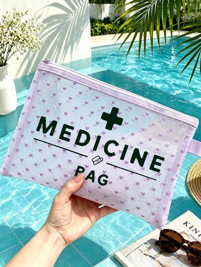 New Heart-Shaped Mini Mesh Medical Bag, Printed With "Medicine" Text And Cross Pattern, Can Be Used As First Aid Kit, Medical Emergency Bag, Outdoor/Home Medicine/Pill Storage Bag, Travel Organizer, Makeup Bag, Lipstick Storage Bag, Also An Ideal Gift For Mother's Day, Back To School, Birthday, Bathroom Storage, Dorm Toiletries Bag, Wife, Teacher, Family, Friends