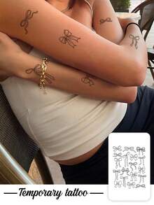 1 pièce Autocollant de tatouage temporaire à motif combiné de nœuds multiples en ligne fine noire minimaliste, design de faux tatouage réaliste, convient pour les cadeaux quotidiens d'enterrement de vie de jeune fille, les festivals de musique, les jeux, les cadeaux de remise des diplômes, dure 3-5 jours - Noir - Voir 1