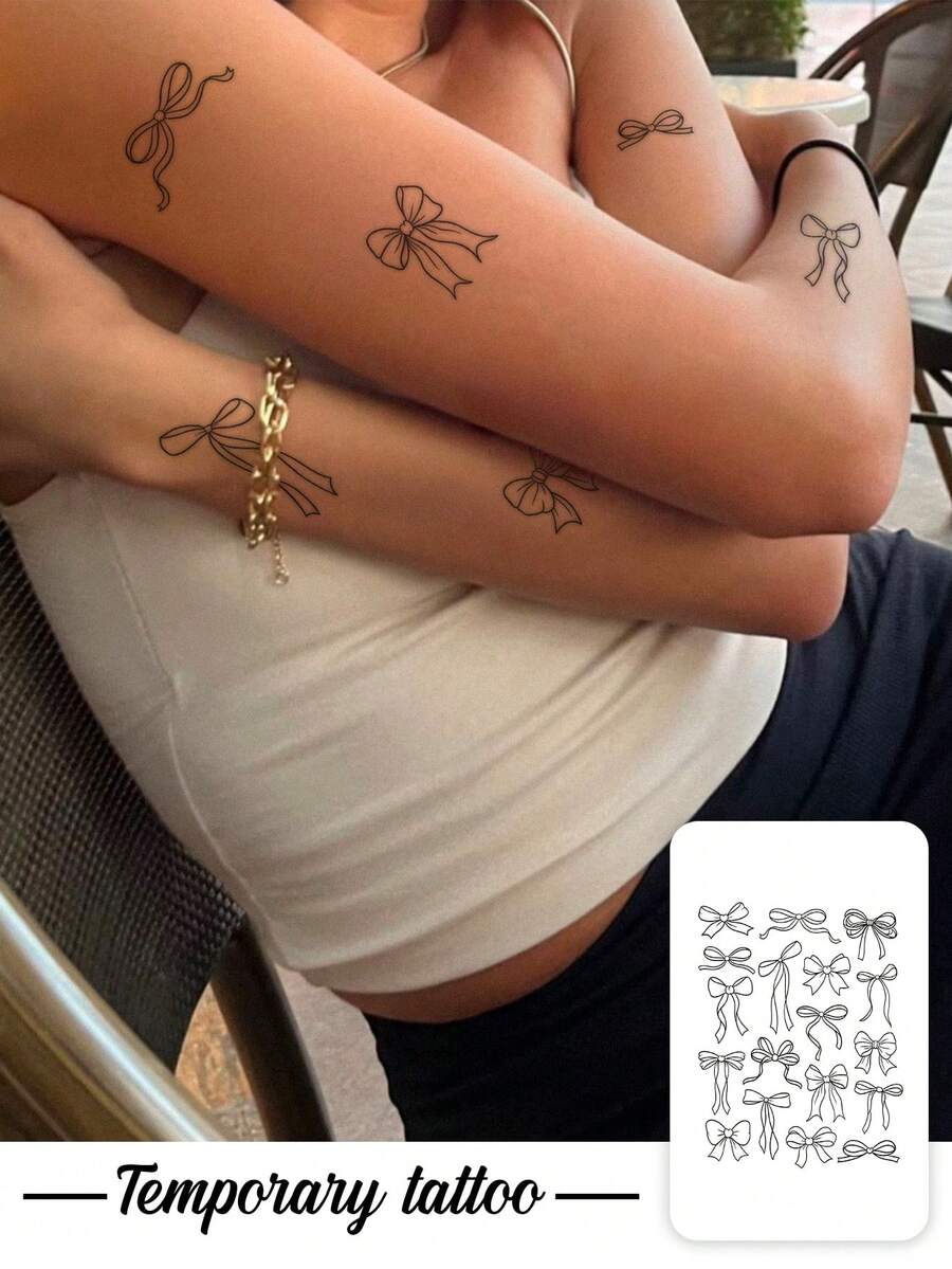 1 pièce Autocollant de tatouage temporaire à motif combiné de nœuds multiples en ligne fine noire minimaliste, design de faux tatouage réaliste, convient pour les cadeaux quotidiens d'enterrement de vie de jeune fille, les festivals de musique, les jeux, les cadeaux de remise des diplômes, dure 3-5 jours - Noir - Voir 1