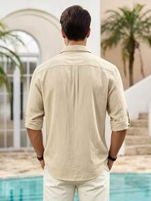 Mercer Haus Mens Summer Button Up Shirt, Wrinkle Textured Short Sleeve Casual Beach Shirt With Chest Pocket Lightweight Breathable Loose Fit Vacation Top - Beige - View 2