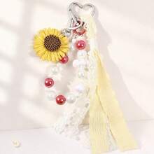 1pc Back To School Daisy Flower Bag Charm, Beaded Chain Lace Ribbon Heart Hook Keychain, Student Backpack Decoration - Multicolor - View 1