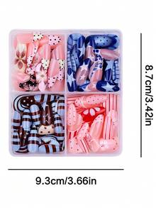 96片 4款杏仁形 Y2K復古穿戴式假凝膠美甲貼片組，印花美甲貼紙含星星波點條紋櫻花花卉螺旋漩渦法式邊，可重複使用美甲套裝附果凍膠與美甲锉，適合女性畢業派對舞會 - 彩色 - 查看 4