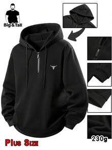 大尺碼男士連帽衛衣，薄抓絨運動上衣，厚實保暖，寬鬆休閒時尚衛衣，秋冬款 - 黑色 - 查看 13