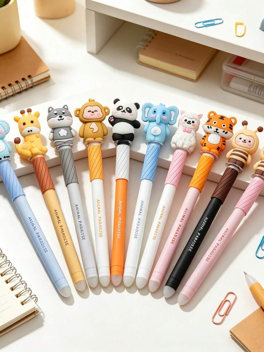 5/10pcs Animal Erasable Gel Pen Set, 0.7mm Blue Smooth Writing, Built-In Eraser, Suitable For Notes And Writing, Back To School, First Day Of School - Multicolor - View 1
