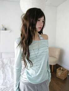 2pcs/Set Atasan Tank Top Wanita Slim Fit dengan Tali Bahu Tipis Motif Garis-garis, Gaya Elegan - Baby Blue - View 2