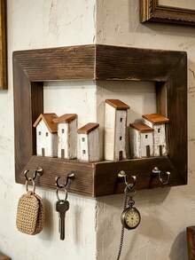Rustic Wall-Mounted Key Rack With 4 Hooks, Wooden Entryway Storage Shelf, Suitable For Bedroom, Home Wall Display, Art Wall Storage, Handmade Decor, Farmhouse Style Entryway Hall Decor, Home Decoration, Wedding, Bathroom Decor, Kitchen Essentials - Multicolor - View 2