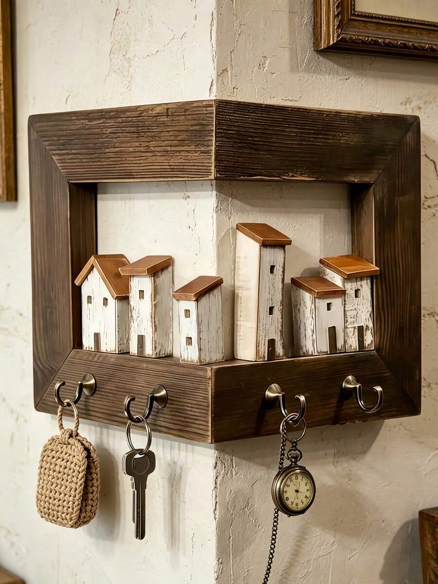 Rustic Wall-Mounted Key Rack With 4 Hooks, Wooden Entryway Storage Shelf, Suitable For Bedroom, Home Wall Display, Art Wall Storage, Handmade Decor, Farmhouse Style Entryway Hall Decor, Home Decoration, Wedding, Bathroom Decor, Kitchen Essentials