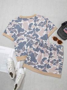 Acelitt Camouflage Print Casual 2 Pieces Set, Women's Khaki Trim Top & Drawstring Mini Skirt, Suitable For Daily Wear And Street Style Vacation Elegant Summer - Multicolor - View 4
