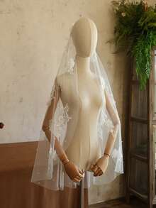 浪漫珍珠蕾絲花卉蕾絲新娘面紗 女款單層婚禮面紗配件 - 彩色 - 查看 3
