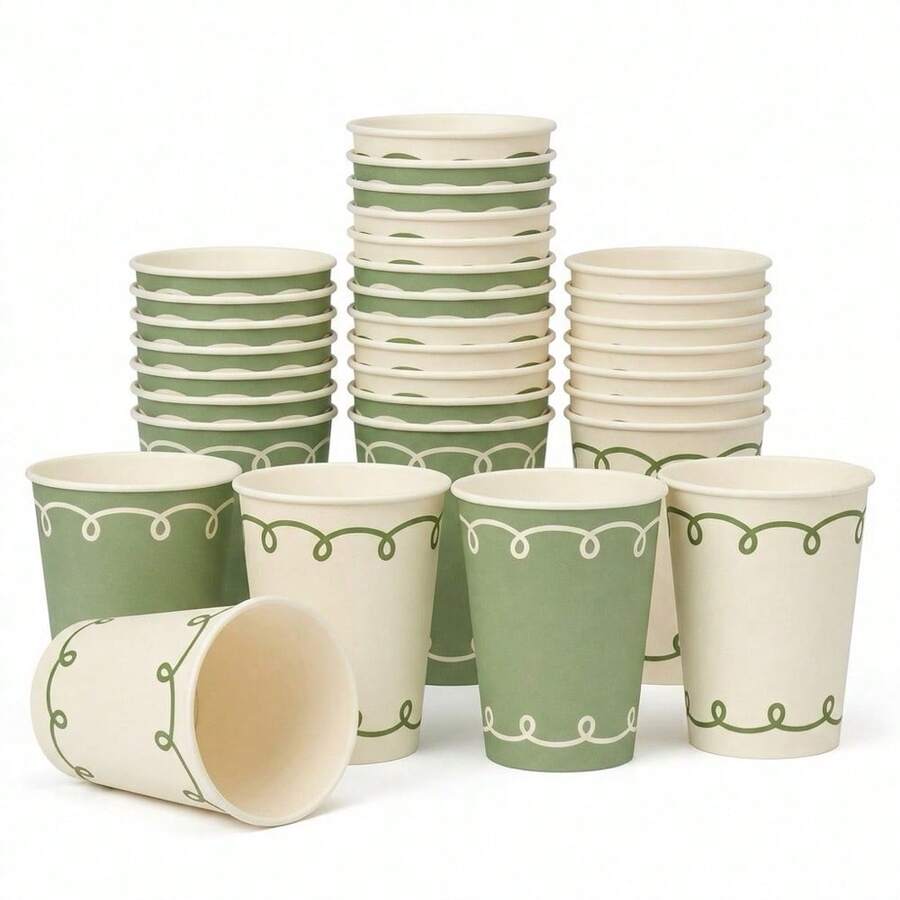 10/20/40pcs,Sage Green Cream Curly Scalloped Line Disposable Paper Cups, Minimalist Hand Drawn Loop Border Drinking Cups, Neutral Tableware For Gender Neutral Baby Shower, Rustic Garden Wedding, Spring Brunch And Farmhouse Picnic Supplies - View 1
