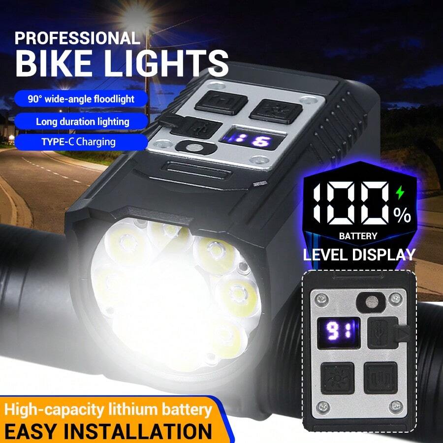 1pc Black ABS Plastic Super Bright Bicycle Front Light With Digital Power Display & Adjustable Bike Mount Clip,Cycling Headlight For Mountain Road Bike Night Riding Commuting Outdoor Cycling Use - Bicycle Light - View 1