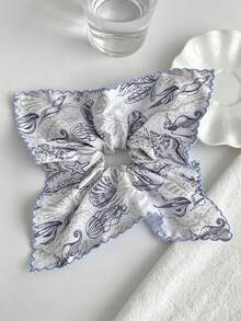 1pc Blue Ocean Print Square Scarf Scrunchie, Gentle & Sweet Versatile Hair Tie For Women - Multicolor - View 9
