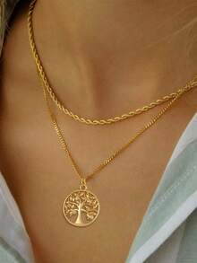 European And American Luxury Rhinestone Tree Of Life Double Layer Chain Necklace, Minimalist Layered Design Decorative Neck Chain - Yellow Gold - View 1