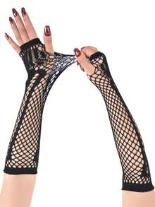 Halloween Spider Web Lace Long Fingerless Gloves Black Mesh Elastic Arm Warmers Party Cosplay Decoration - Black - View 5