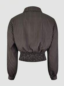 Kemeja Crop Bergaris Cokelat Poliester Modis untuk Wanita Jisfaneya, Atasan Berkerah Lengan Panjang dengan Bahu Longgar dan Kancing Depan, Sempurna untuk Musim Gugur - Coffee Brown - View 6