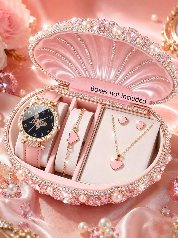 5/1pc Women's Fashion Elegant Butterfly Dial Quartz Watch, PU Leather Strap, Paired With Exquisite Heart-Shaped Bracelet Necklace Earrings Set, Suitable For Daily Wear, Holiday Gift, Back To School Gift, Vacation, Graduation, Travel, Party Decoration, Perfect Gift For Women On Valentine's Day/Christmas/Thanksgiving