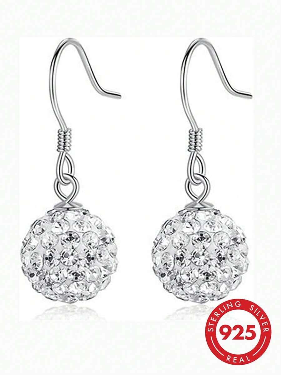 1pair 925 Sterling Silver Austrian Crystal Sparkling Ball Hook Earrings Wedding Engagement Bridal Jewelry Holiday - White - View 1