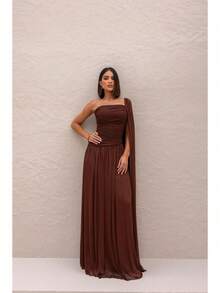 Long, One-Shoulder Party Dress In Dark Nude, Flowing Style, For Bridesmaids/Dates/Graduations/Guests. - Rust Brown - View 3