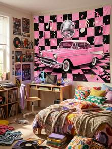 Y2K Millennium Pink Vintage Car Tapestry, 50s Retro Disco Black & Pink Checkerboard Backdrop, Mirror Disco Ball & Music Note Print, Vintage Rock 2000s Party Photo Backdrop, Girl's Bedroom Dorm Birthday Wall Decor - Multicolor - View 3