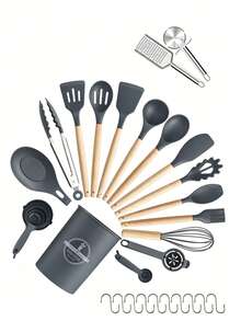 5/12/14/36pcs Kitchen Cooking Utensils Set,Non-Stick Silicone Cooking Kitchen Utensils Spatula Set With Holder, Wooden Handle Silicone Kitchen Gadgets Utensil Set - Multicolor - View 8