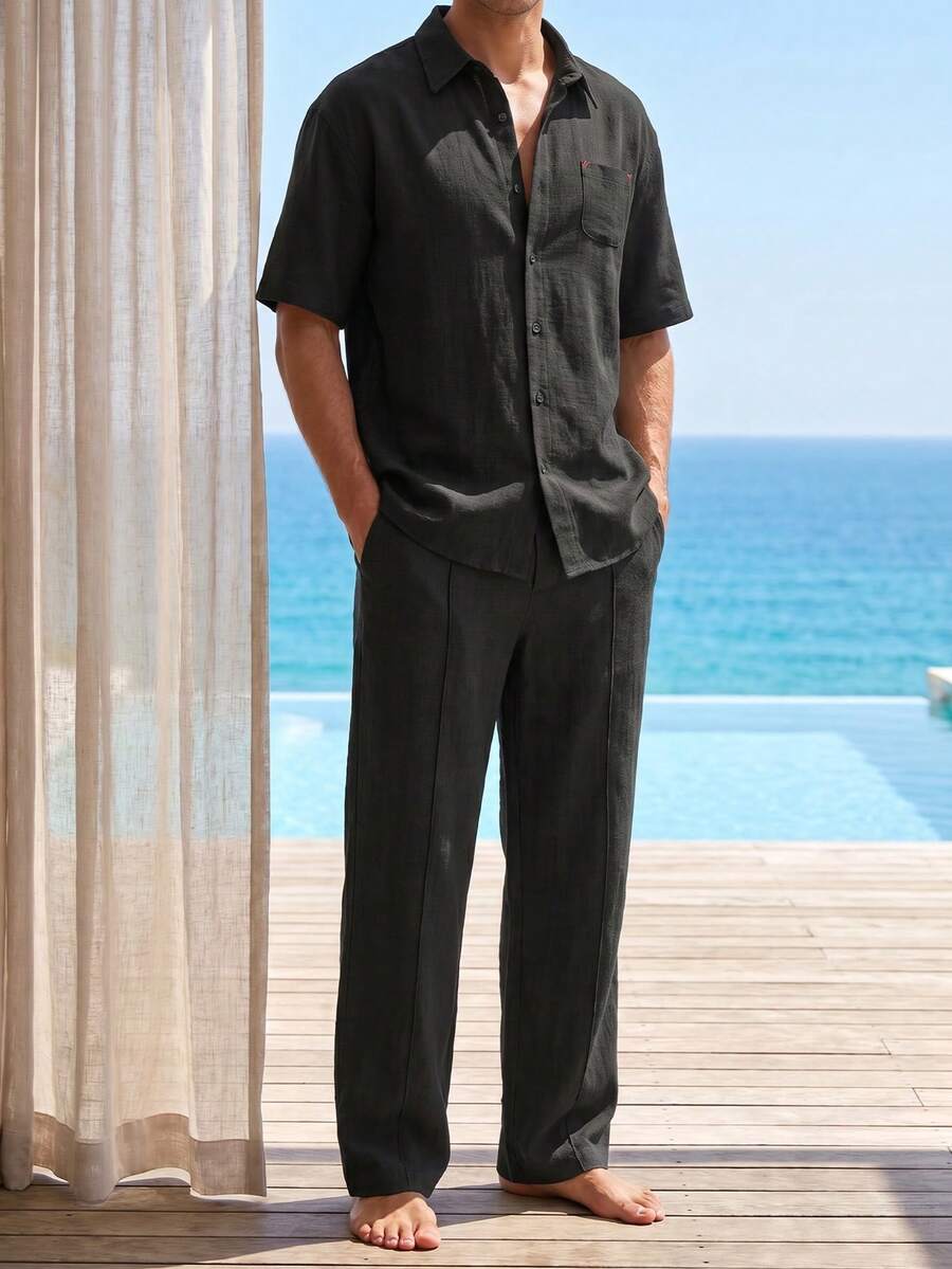 2pcs Apricot Faux Linen Men's Vacation Set, Men's Shirt And Pants Set, Loose Draping Breathable Long Pants Two Pieces Set, Vacation Style, Machine Washable, Suitable For Beach Vacation Wear, Style Runs Large. Please Size Down For A Better Fit - Black - View 1