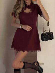 Women's Summer Elegant Burgundy Lace Patchwork A-Line Short Dress For Date, Daily Wear And Party - Burgundy - View 4
