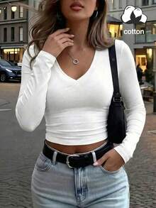 Women's Casual "Let Them" Gradient Letter Print V-Neck Long Sleeve T-Shirt Top, Spring Summer Autumn - White - View 2
