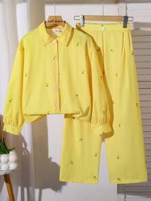 Left Mama Girls' Casual Commute Long Sleeve Printed Striped Shirt And Straight Leg Pants Set, Spring/Autumn, Preppy Style - Yellow - View 1