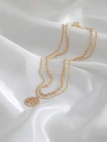 European And American Luxury Rhinestone Tree Of Life Double Layer Chain Necklace, Minimalist Layered Design Decorative Neck Chain - Yellow Gold - View 4