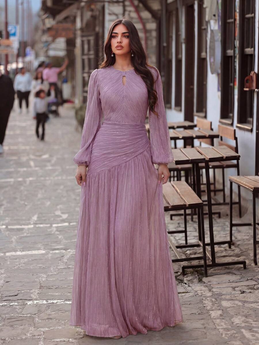 優雅圓領前開衩晚禮服，適合婚禮、晚宴、週年紀念及正式場合，粉色派對秋季款 - 粉色 - 查看 1