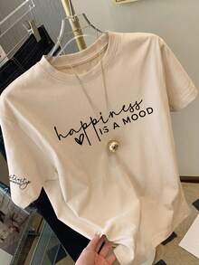 Es Trus 大尺碼女款夏季「Happiness Is A MOOD」圖案印花街頭 Y2K 風格杏色圓領大號短袖休閒 T 恤上衣 - 杏色 - 查看 2