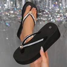 Women's New Thick Sole Flip Flops, Lightweight & Comfortable Loose Fit Solid Color (Size 36-42), Pearl & Rhinestone Decor Beach Sandals, Pastoral Style, Summer Outfit - Black - View 5