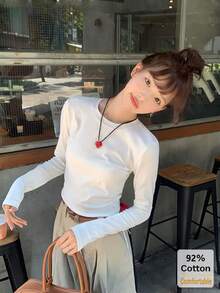 秋季純棉長袖T恤，百搭白色女款上衣，修身純色內搭打底衫 - 白色 - 查看 1