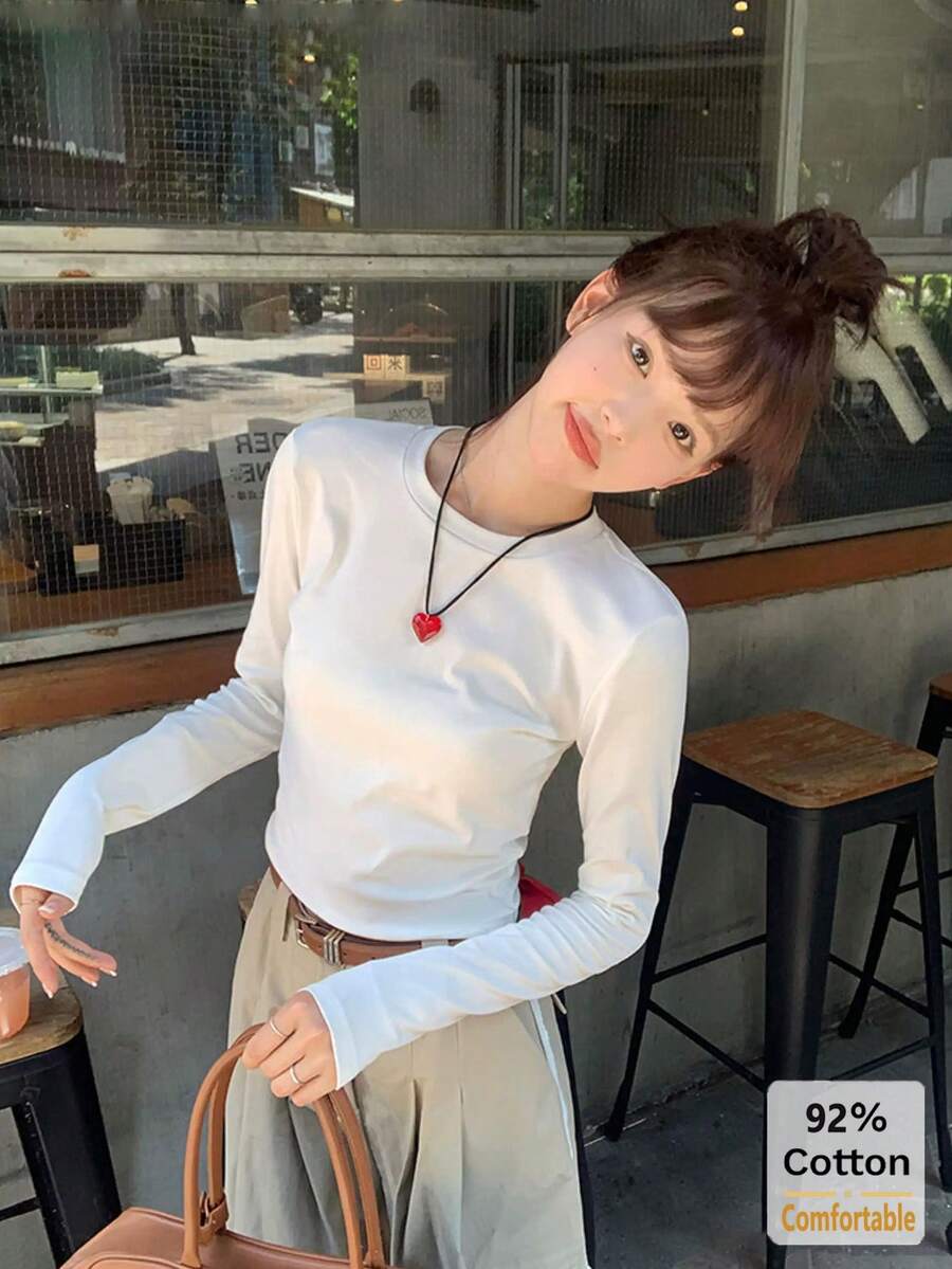 秋季純棉長袖T恤,百搭白色女款上衣,修身純色內搭打底衫 - 白色 - 查看 1
