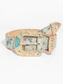 1 buah Sabuk Kulit PU Motif Bunga Berwarna-warni Gaya Istana Berlian Biru dengan Gesper Logam, Dekorasi Gaya Bohemian - Bunga Bordir Gaya Istana Berlian Biru - View 6