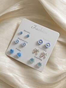 1 Set 6 Pairs Fashionable Cute Unique Floral Colorful Bow Stud Earrings Set For Women, Suitable For Casual, Vacation, Outing, Exquisite Jewelry Holiday Gift - Baby Blue - View 3