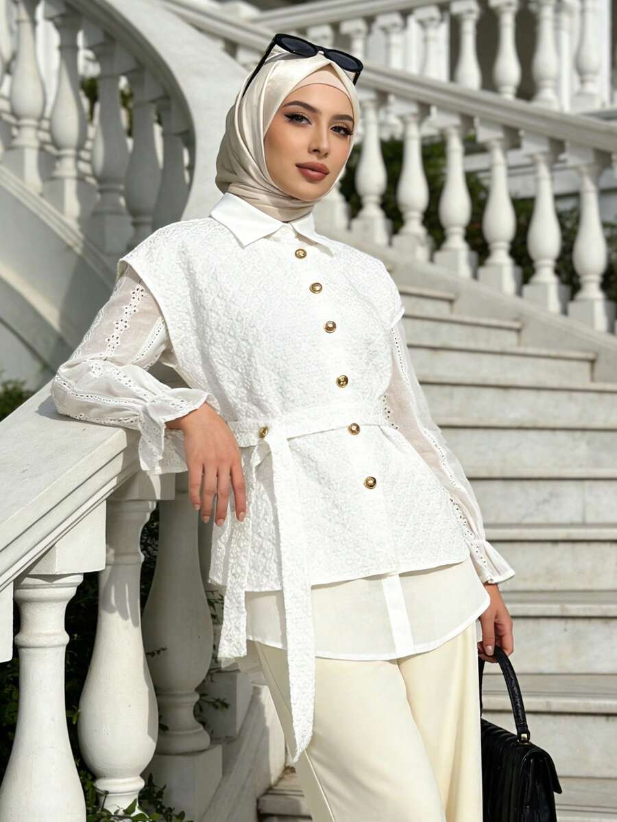 1pc Batwing Top Solid Color Belt Jacquard Women's Blouse For Vacation, Daily, Date, Travel, Spring/Summer (Inner Layer Not Included) - White - View 1