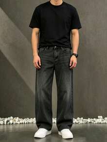 Men's Versatile Straight Leg Casual Jeans With Angled Pockets - Black - View 2
