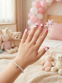 24pcs Y2K Style (Cake Cream Lace, Bow, Star) Dopamine Design Elements Kids Girls Press-On Short Fake Nails, Cute Pre-Glued Full Coverage Acrylic Nail Tips Set, Suitable For Children Girls Nail Decoration - Multicolor - View 2