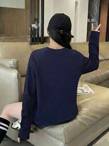 女款學生純藏青色極簡百搭層搭長袖寬鬆多功能羅紋中性上衣T恤，適用居家、日常、街頭、通勤 - 藏蓝色 - 查看 2