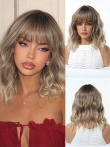 14 Inch Ombre Chestnut Brown Ombre Ash Blonde Wavy Bob Synthetic Wig With Bangs, Heat Resistant High Temperature Fiber Natural Looking For Women Daily Dating Party - Multicolor - View 12