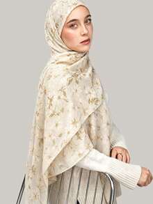 1pc Floral Pattern Women's Chiffon Hijab, Daily Wear Muslim Headscarf, Fresh Printed Headwrap, Suitable For Abaya And Face Veil - Beige - View 2